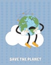 Sick Earth sitting on cloud retro mascot. Hurt planet cartoon character. Climate change and ecological problems. Vector flat Royalty Free Stock Photo