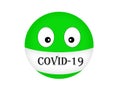 Sick emoticon in a medical bandage on the mouth against bacteria. Dangerous spread of coronavirus on a white background. Alert on