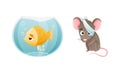 Sick Fish and Mouse Animal with Bandage on Head and Fin Swimming in Aquarium Vector Set Royalty Free Stock Photo