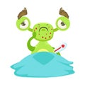 Sick Funny Monster With Fever In Bed, Green Alien Emoji Cartoon Character Sticker