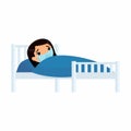 Sick girl asian girl with medical mask in hospital bed flat vector illustration.