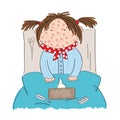 Sick girl with chickenpox, measles, rubeola or skin rash