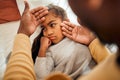 Sick, girl and father checking high temperature with hands on ill kid or daughter lying on a bed feeling sad. Concern Royalty Free Stock Photo