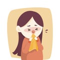 Sick girl has runny nose, caught cold. sneezing into Tissue, flu, Allergy season, Vector illustration