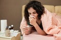 sick girl having influenza symptoms coughing at home Royalty Free Stock Photo