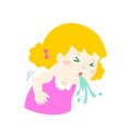 Sick girl vomiting cartoon .