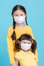 Sick Girls in medical mask isolated on blue background