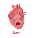 Sick heart with pain ache or disease. Sad cartoon character heart, body organ injured or unhealthy. Human cartoon anatomy, kids