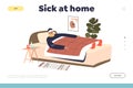 Sick at home concept of landing page with man lying in bed suffer from fever, flu or cold Royalty Free Stock Photo