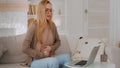 Sick ill girl student business woman unwell lady in glasses Caucasian illness female with laptop at home feeling bad Royalty Free Stock Photo