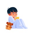 Sick kid with a cup of tea. Little sad boy has flu. Sick child boy sitting in bed with toy bear and blowing her nose