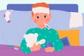 Sick kid with flu, cold and fever lying in bed at home, sad boy patient with temperature Royalty Free Stock Photo