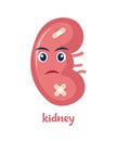 Sick kidney with pain ache or disease. Sad cartoon character kidney, body organ injured or unhealthy. Human cartoon anatomy, kids