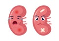 Sick kidney with pain ache or disease. Sad cartoon character kidney, body organ injured or unhealthy. Human cartoon anatomy, kids