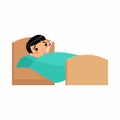 Sick little asian boy with thermometer in l bed flat vector illustration.