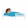 Sick little boy with medical mask in hospital bed flat vector illustration.