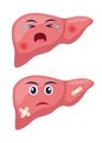 Sick liver with pain ache or disease. Sad cartoon character liver, body organ injured or unhealthy. Human cartoon anatomy, kids