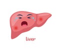 Sick liver with pain ache or disease. Sad cartoon character liver, body organ injured or unhealthy. Human cartoon anatomy, kids