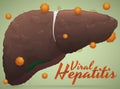 Sick Liver Result of Viral Hepatitis with Virus Around It, Vector Illustration