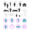 Sick man asks for help, doctor, hospital, icons, black, stickers, pink, green