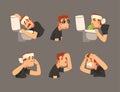 Sick Man with Bandaged Head Having Headache Massaging Temple and Vomiting Vector Set Royalty Free Stock Photo