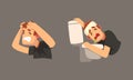 Sick Man with Bandaged Head Having Headache Vomiting in Toilet Bowl Vector Set