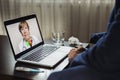Sick man chatting with doctor while having video call during isolation quarantine. Healthcare and medical concept Royalty Free Stock Photo