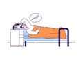 Sick man with a cold disease lying in a bed flat vector illustration. Male feeling ill fever. Home treatment, bed rest. Isolated Royalty Free Stock Photo