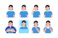 Sick man coughing, sneezing. Set character vector of cold, flu, sore throat, measles. Illustrations of fever, allergy