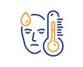 Sick man with fever line icon. Temperature thermometer sign. Vector Royalty Free Stock Photo