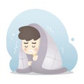 Sick man gets cold and Shivering in a warm blanket, Vector illustration.