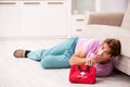 The sick man at home with first aid kit Royalty Free Stock Photo