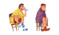 Sick Man Sitting on Chair Wrapped in Blanket Wearing Knitted Socks Vector Set