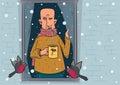 A sick man stands near a window and looks at the snowfall. Winter illustration. Eps 10
