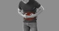 Man experiences abdominal cramps and stomach pain with food poisoning or bacterial infection.