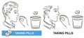 Sick man taking pill medicine, medication time, patient hold medical tablet near mouth line icon. Dose pharmacy medicament. Vector