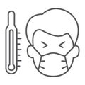 Sick man with thermometer thin line icon, covid-19 and coronavirus, high temperature sign, vector graphics, a linear