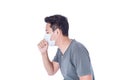 A sick man wear hygienic mask and cough. Royalty Free Stock Photo