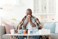 Sick mature black man covered in blanket sneezing runny nose while sitting on couch in living room, copy space Royalty Free Stock Photo