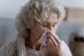 Unhealthy mature woman suffer from rhinitis at home