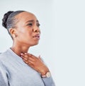 Sick, mockup and black woman with sore throat in studio for influenza, cold or allergies on white background. Cough