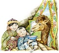 Sick mongolian boy and a camel Royalty Free Stock Photo