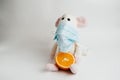 Sick mouse in a mask with an orange on a white background