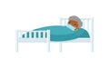 Sick old african woman with medical mask in hospital bed flat vector illustration.