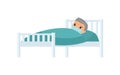 Sick Old Asian Man With Medical Mask In Hospital Bed Flat Vector Illustration.