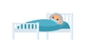 Sick old asian woman with medical mask in hospital bed flat vector illustration.