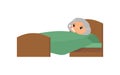 Sick old asian woman with thermometer in bed flat vector illustration.