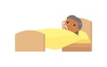 Sick old indian woman with thermometer in bed flat vector illustration.