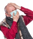 Sick old man. Senior man in mask suffering from headache over white background Royalty Free Stock Photo