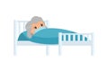 Sick old woman with medical mask in hospital bed flat vector illustration.